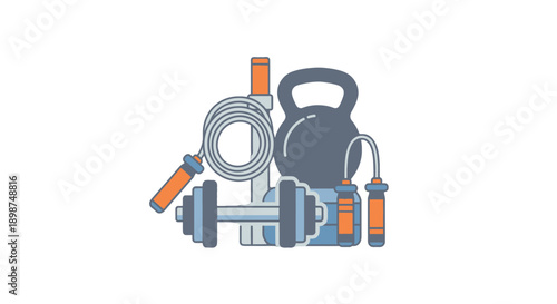 Fitness equipment illustration with dumbbells and kettlebell.
