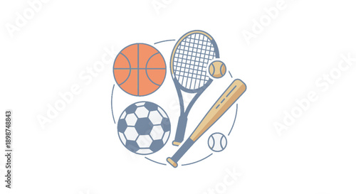 Collection of various sports equipment icons including tennis, baseball, basketball, and soccer.