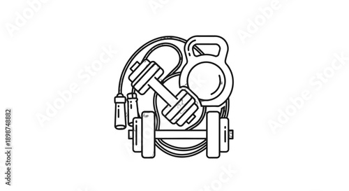 Fitness and exercise equipment illustration with dumbbells and kettlebell.