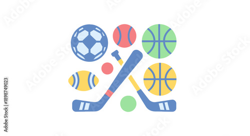 Colorful sports equipment icons for various games.
