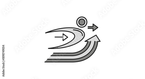 Simple black and white abstract curved arrow illustration.