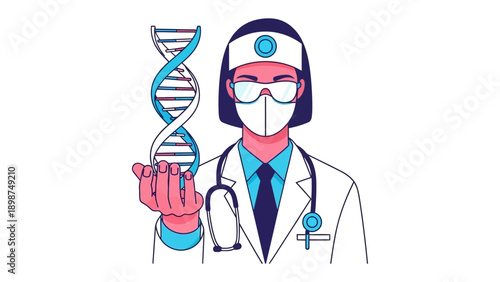 DNA helix and Medical Professional: A doctor or medical professional stands proudly, holding a detailed representation of a DNA helix, symbolizing a deep dive into the essence of human life.