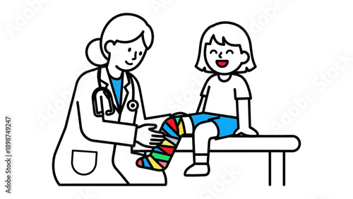 Healing Touch: A doctor gently examines a young patient's leg, her gaze full of care, a colorful cast a testament to the journey to recovery.