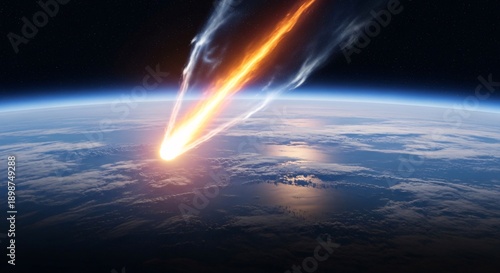 Fiery meteor entering Earth's atmosphere, panoramic view from outer space, bright trail over planet surface and clouds, illustrating dramatic astronomical event.