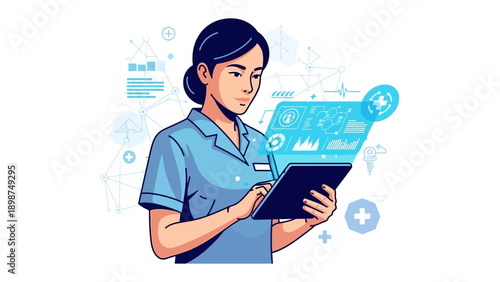 Nurse in Futuristic Tech Interface: A dedicated nurse in a light blue uniform interacts with an advanced, glowing interface. She uses a tablet displaying digital data.