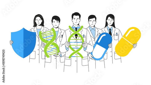 Medical Professionals: A team of dedicated medical professionals stand united, holding symbols of health, research, and care. Representing the core values of medicine: protection, discovery.