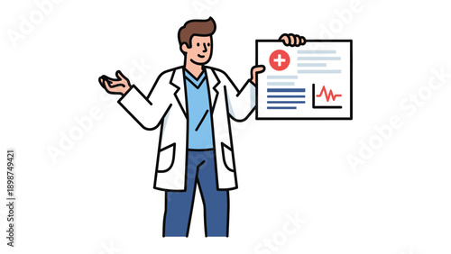 Doctor presenting Medical Report: A friendly doctor, adorned in a classic white coat, confidently presents a detailed medical report, demonstrating expertise and care.