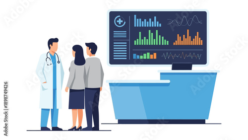 Healthcare Consultation: A doctor explains complex medical data to a couple, fostering understanding and trust in a modern clinical setting.