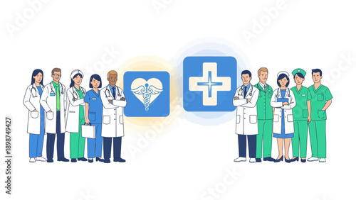 Healthcare Team United: A group of dedicated healthcare professionals, united by a shared commitment, stand proudly together, symbolizing the vital role of medical care in our society.