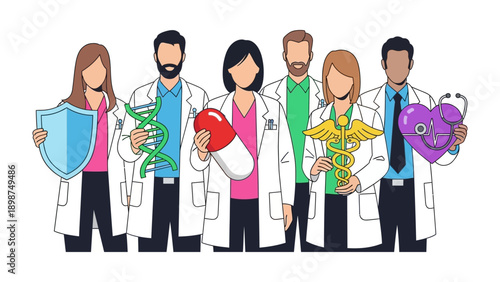 Healthcare Professionals' Dedication: A united team of healthcare experts stands together, holding symbols that represent health, protection, and wellness, reflecting their commitment to patient care.