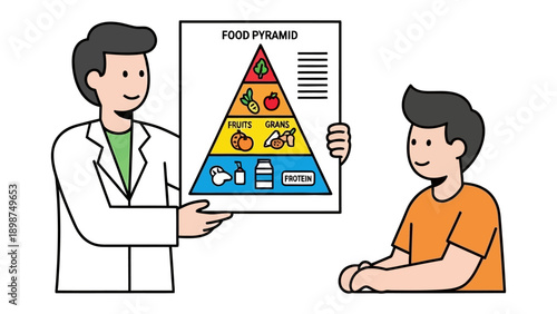Nutrition Guide: A healthcare professional points to the food pyramid to educate a young patient about healthy nutrition, showing a commitment to wellness and dietary guidance.