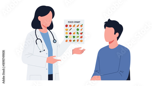 Nutrition Guidance: A healthcare professional presents a vibrant food chart to a patient, illustrating the building blocks of a healthy diet, and promoting overall wellness.