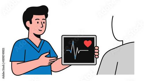 Healthcare analysis: A healthcare professional points to an EKG, heart rate or other display analyzing health.