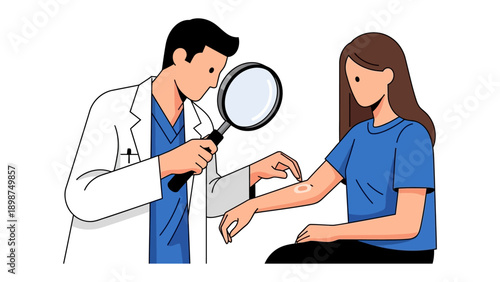 Dermatologist Examination: A doctor, equipped with a magnifying glass, conducts a meticulous examination of a patient's skin, symbolizing the process of diagnosis, treatment, and medical care.
