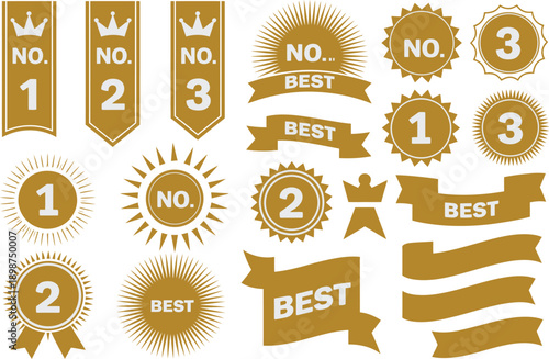 Golden award ribbons displaying numbers one and two on a white background