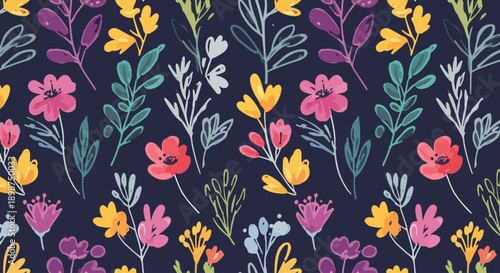 Colorful floral garden border with vibrant wildflower illustrations and lush foliage