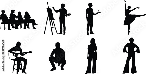 Diverse people silhouettes engaged in artistic and musical activities group audience