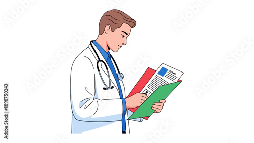 Attentive Medical Professional: An illustration of a medical professional, absorbed in reviewing patient documents, embodying a scene of care and expertise. 