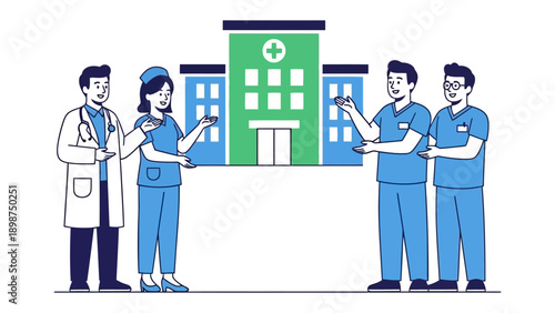 Healthcare Heroes United: A team of dedicated medical professionals stands united, symbolizing their unwavering commitment and care in front of a modern hospital.