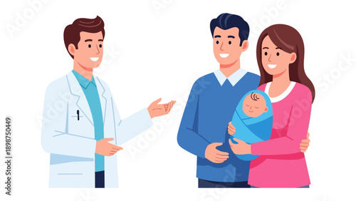 Doctor with happy parents and baby: A doctor discusses something with happy new parents who hold a baby. capturing the pure joy and triumph 
