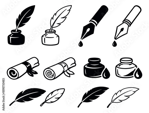 Classic writing tools set featuring quill pens, inkwells, and scrolls for historical communication and literature