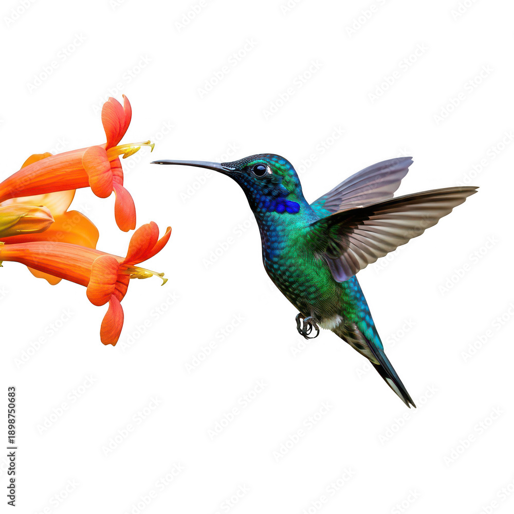 Fototapeta premium Hummingbird feeding on orange blossom isolated on transparent background