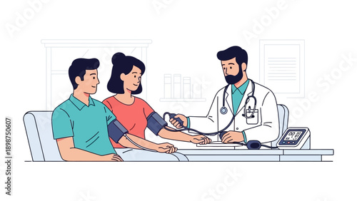 Medical checkup: A doctor, equipped with a stethoscope, examines a patient's blood pressure, representing healthcare and patient wellness. 