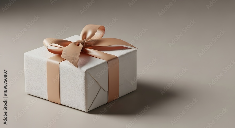 Obraz premium White gift box with beige ribbon and bow on a plain background
