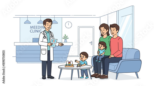 Healthcare Consultation: An illustration of a doctor interacting with a family in a modern clinic setting, highlighting the importance of health and wellbeing.