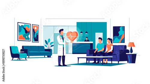 Health Heart: A doctor provides health care service to a couple patient and present heart care symbol with an inviting and professional environment of a medical facility.