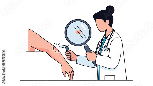 Medical Examination: A doctor meticulously examines a patient's arm using a magnifying glass and a medical instrument, illustrating a healthcare consultation, diagnosis, and treatment.