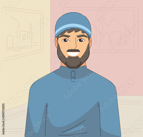 Vibrant Digital Drawing Portraying Smiling Man Set To Instruct Remotely From His Living Space