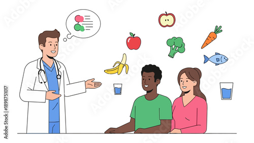 Healthy Living Guidance: A caring doctor provides tailored nutrition advice to a diverse couple, surrounded by vibrant fruits and vegetables, promoting wellness and balanced diets.