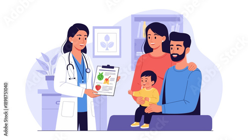 Healthcare Guidance: A healthcare professional consults with a family, presenting vital dietary recommendations. In a warm and inviting setting, the doctor provides guidance