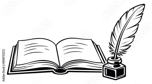 Hand drawn line art illustration of an open book with a quill and inkwell depicting classic writing tools for literature and education