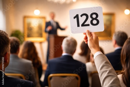 Wallpaper Mural Woman Raising Bid Paddle Number 128 During Live Art Auction Torontodigital.ca