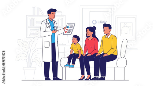 Consultation and Care: A doctor in a white coat reviewing a patient's medical chart while interacting with a family, focusing on health and well-being.