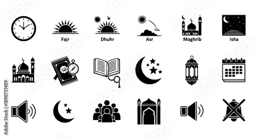 Islamic Prayer Times Icons Collection Fajr, Dhuhr, Asr, Maghrib, Isha & Ramadan Calendar