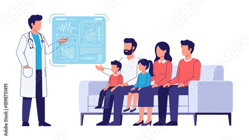Healthcare Consultation: A doctor explains complex medical information to a family, emphasizing the importance of informed decisions in healthcare. This image signifies trust, care.