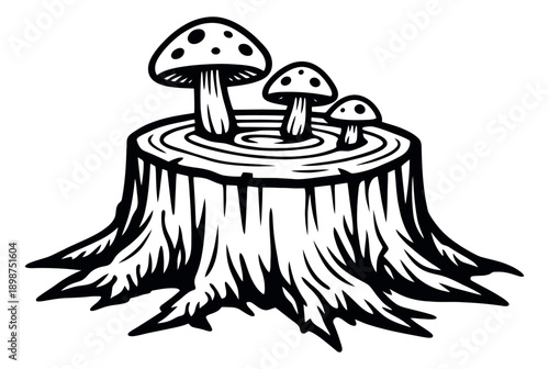 Hand drawn line art illustration of mushrooms on a tree stump depicting forest fungi for nature designs