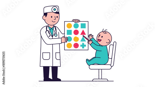 Eye Examination: A healthcare provider demonstrates an eye chart, showing various shapes to a cheerful infant during a routine checkup. The scene is bright and clean.
