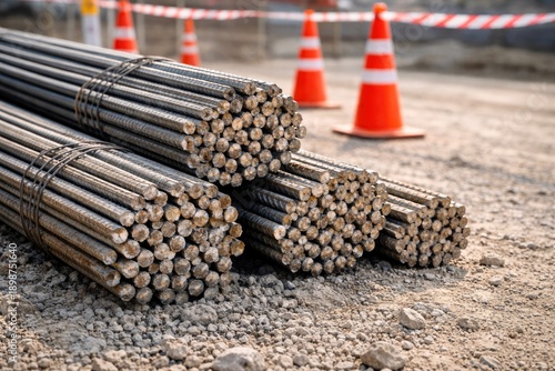 Wallpaper Mural Stacks of Steel Reinforcement Bars at Construction Site with Safety Cones Torontodigital.ca