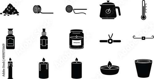 A collection of black silhouette icons related to aromatherapy, spa, and relaxation