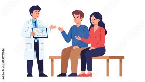 Medical Consultation: A dedicated doctor engages in a thorough discussion with a couple in a comfortable medical setting, presenting information with a focus on empathy and clarity.