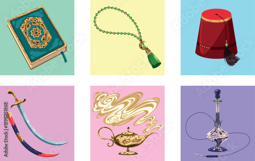 Exquisitely Crafted Islamic Ornamental Items Arranged To Evoke Lively Marketplace Atmosphere