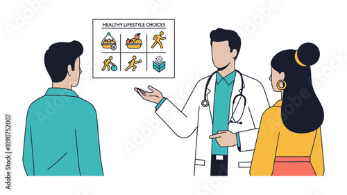 Healthcare Guidance: A healthcare professional points at a graphic with healthy lifestyle choices, offering valuable insights to a couple and emphasizing wellness.