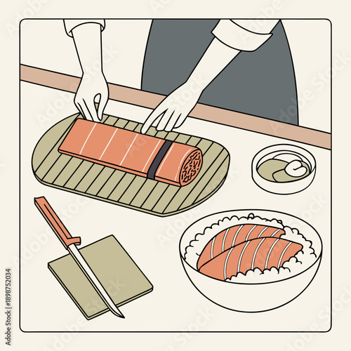 Hands rolls rice, salmon with makisu top view. Character makes sushi, cooks Asian meal, prepares eating on kitchen worktop. Person cooking traditional food of Japan, Asia. Flat vector illustration