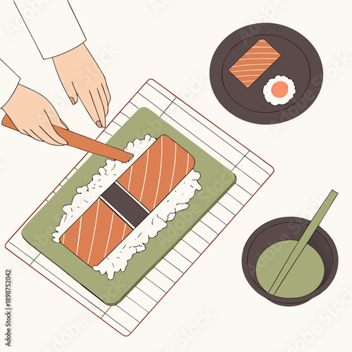 Hands rolls rice, salmon with makisu top view. Character makes sushi, cooks Asian meal, prepares eating on kitchen worktop. Person cooking traditional food of Japan, Asia. Flat vector illustration