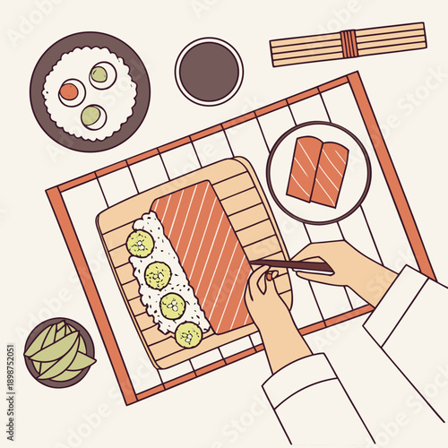 Hands rolls rice, salmon with makisu top view. Character makes sushi, cooks Asian meal, prepares eating on kitchen worktop. Person cooking traditional food of Japan, Asia. Flat vector illustration