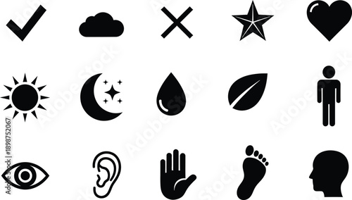 A collection of fifteen simple black icons representing various concepts, nature elements, and human body parts.